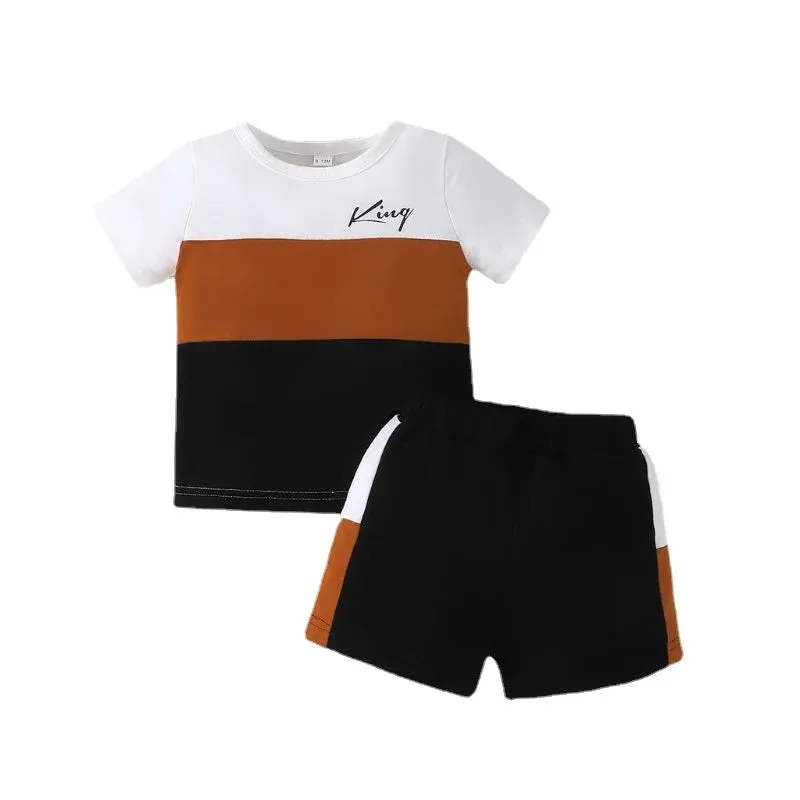 مجموعة اروين التجارية ARWEN&AJH GROUP  2024 European Infant Clothing Set For Kid Boy 6-36 Months KING Stripe Short Sleeve tshirt and Shorts Summer Outfit Ootd For Newborn Baby