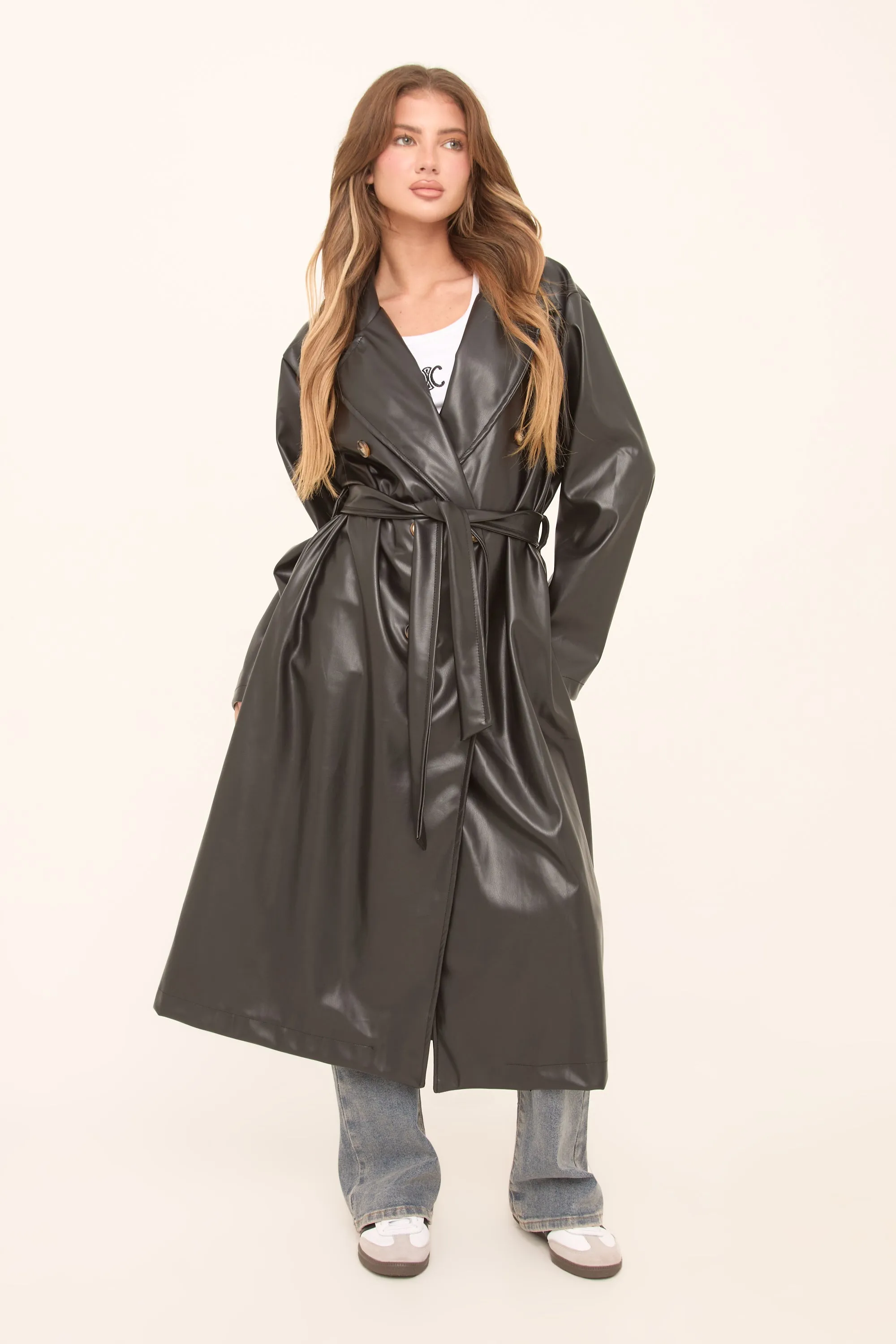 Black Faux Leather Double Breasted Oversized Longline Trench Coat - Ethel