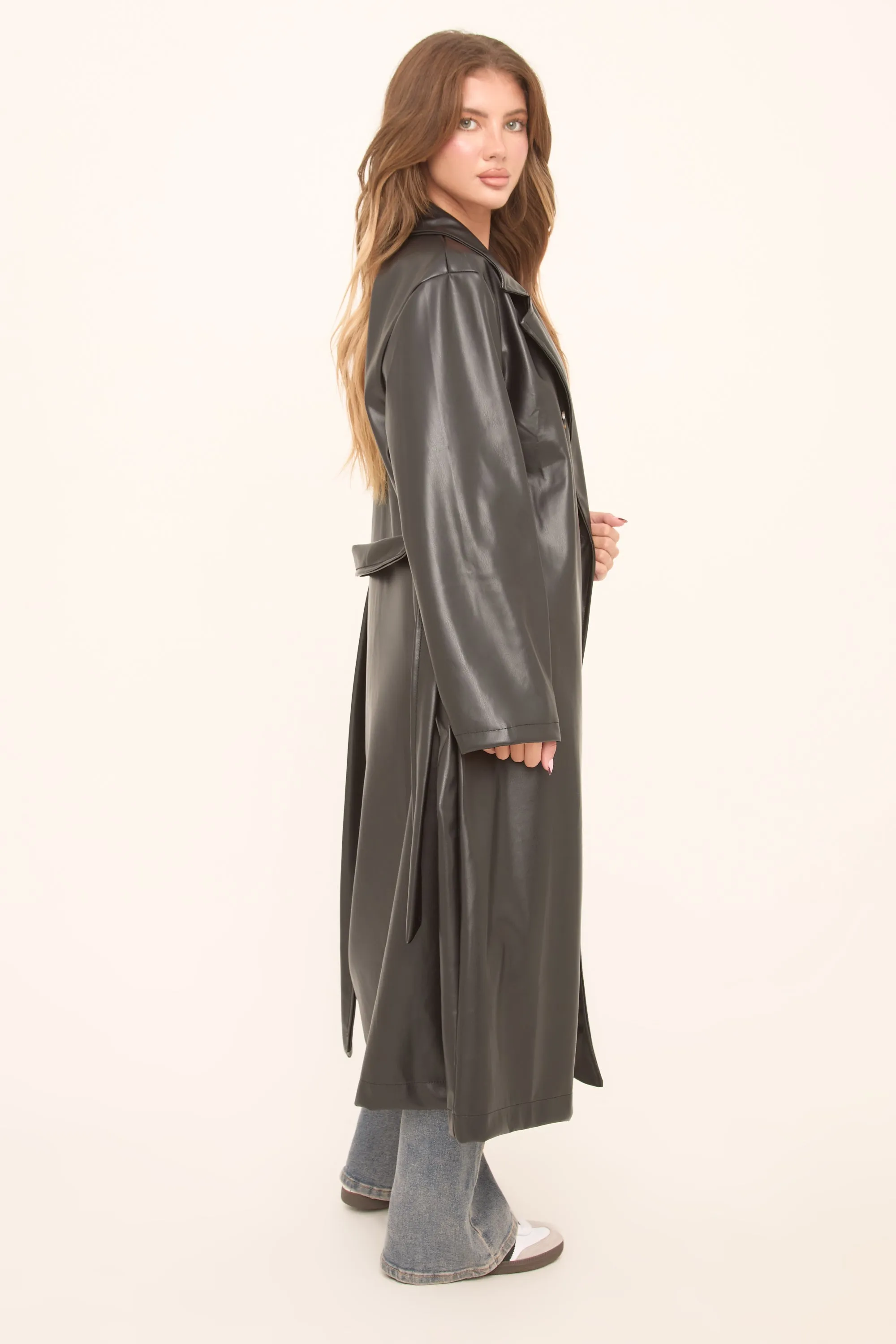 Black Faux Leather Double Breasted Oversized Longline Trench Coat - Ethel