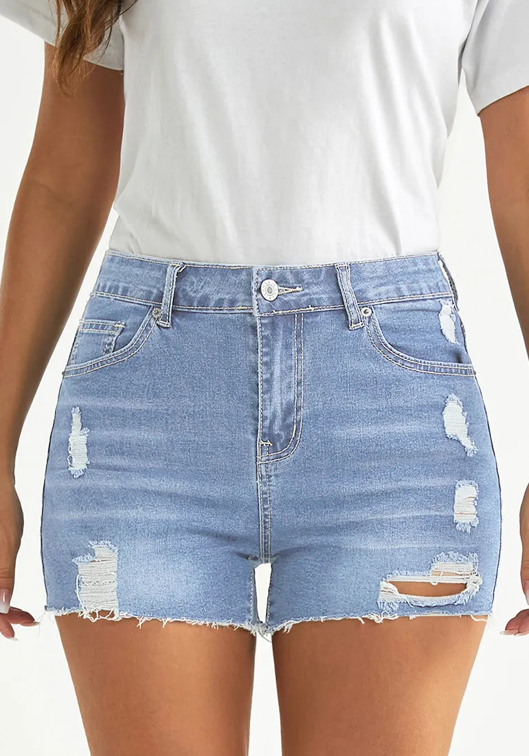 Blue Breeze Women's High Waisted Distressed Denim Jeans Shorts Ripped Raw Hem Jean Shorts