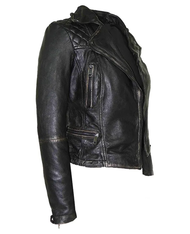 Csandra Womens Rugged Vintage Motorcycle Leather Jacket