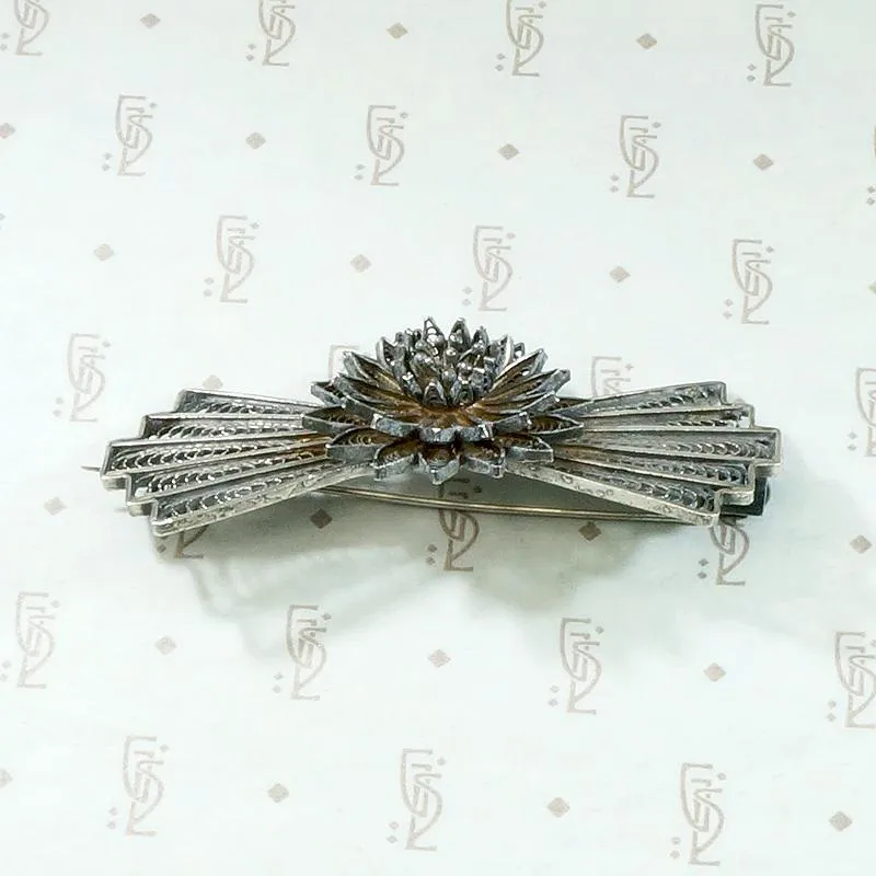 Delicate Silver Filigree Fan & Flower Brooch