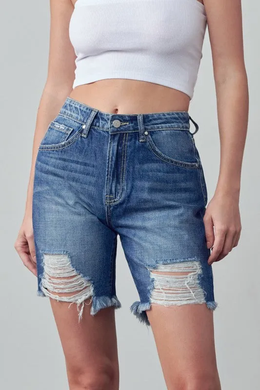 Denim Lab USA High Rise Ripped Bermuda Denim Shorts