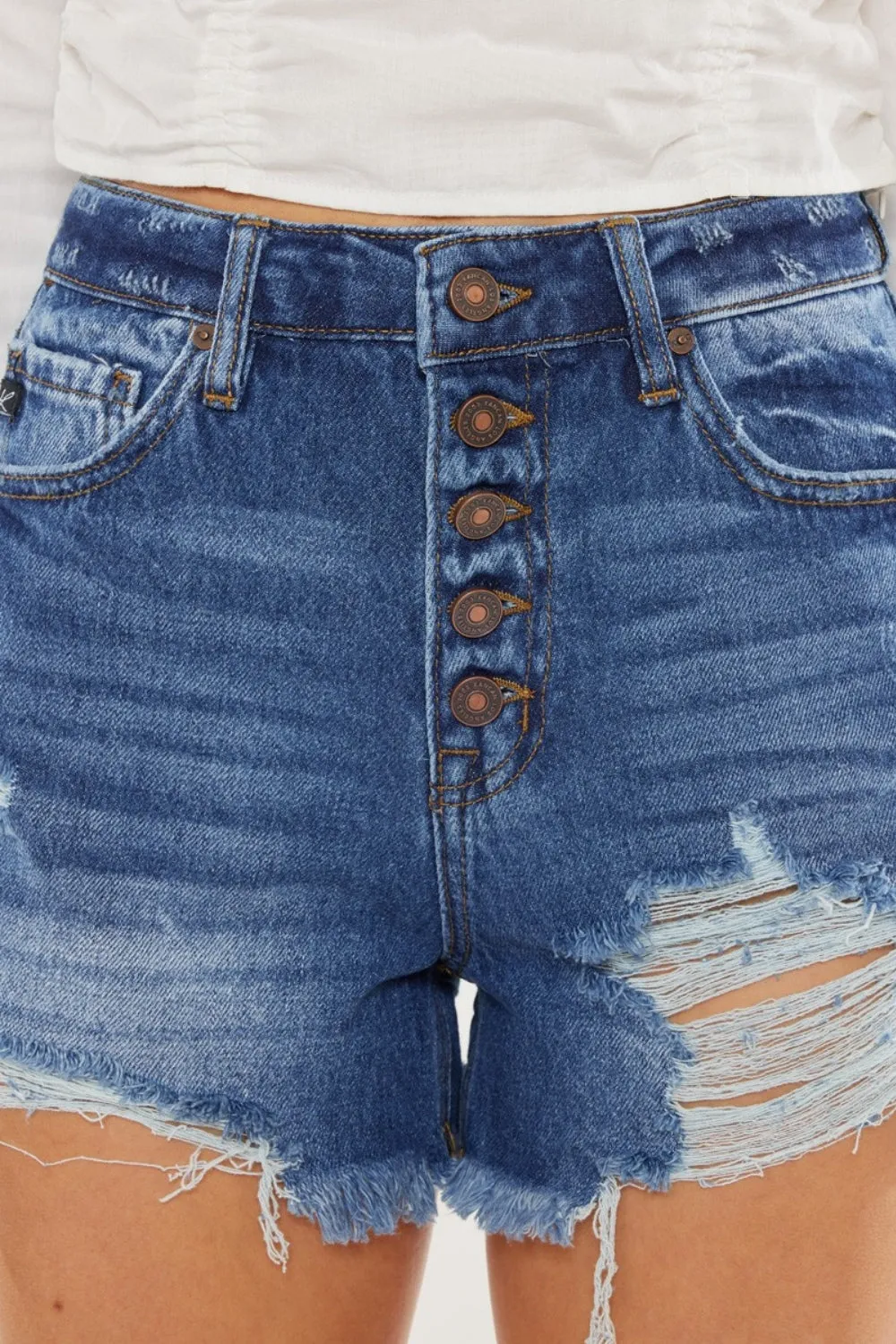 Distressed Button-Fly High Waist Denim Shorts