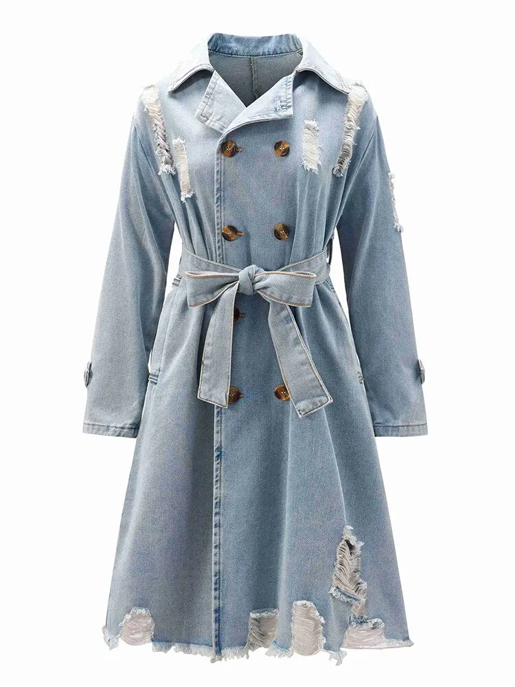 Double-Breasted Hollow Out Denim Trench Coat