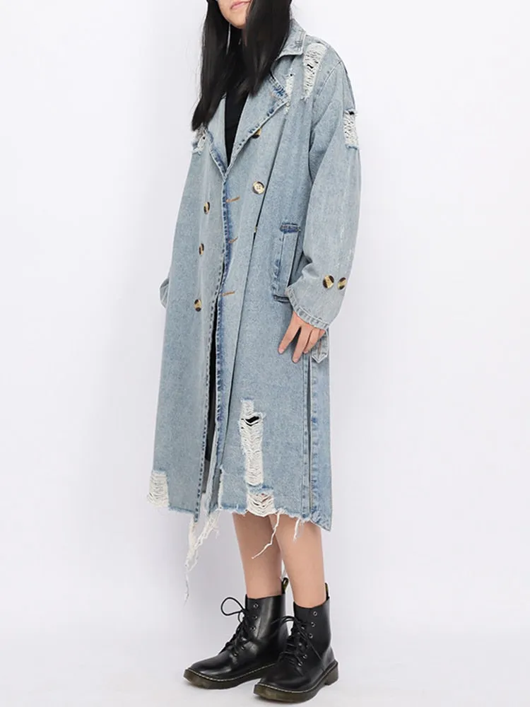 Double-Breasted Hollow Out Denim Trench Coat