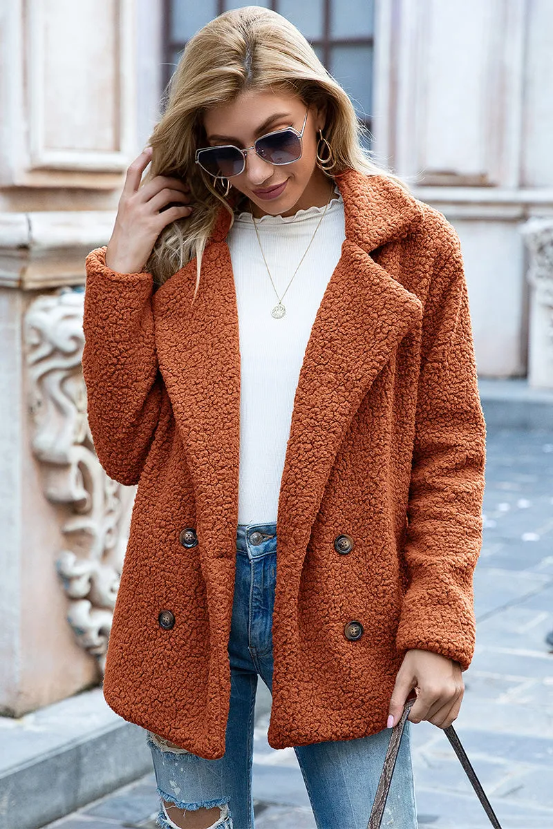 Double Breasted Lapel Collar Sherpa Coat - 12 colors