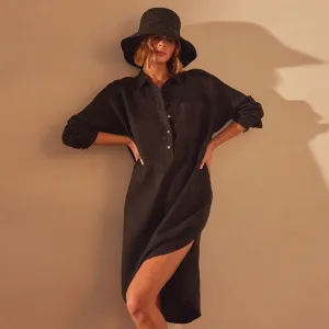 Linen Shirt Dress - Black