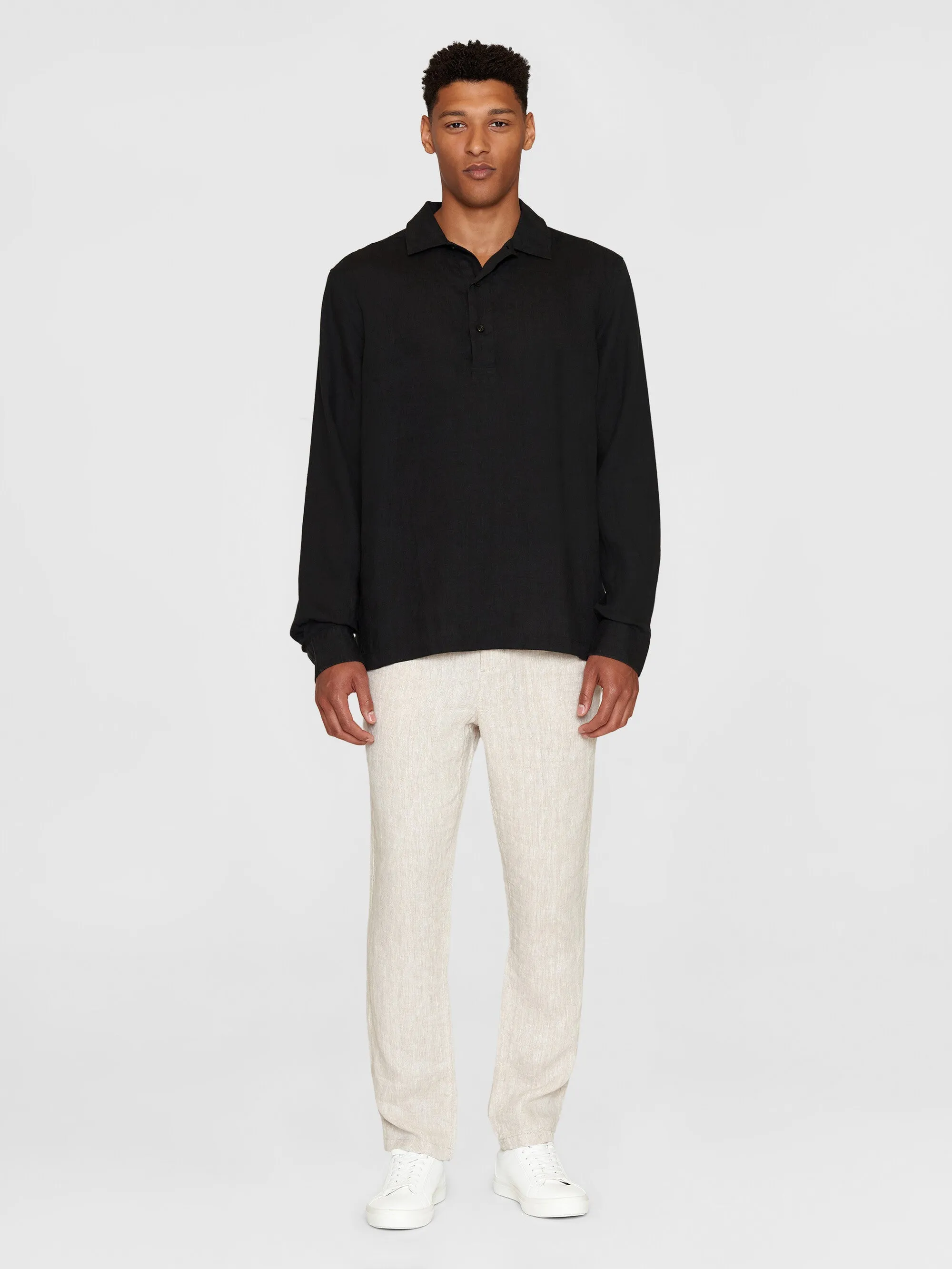 Loose linen polo shirt - GOTS/Vegan - Black Jet