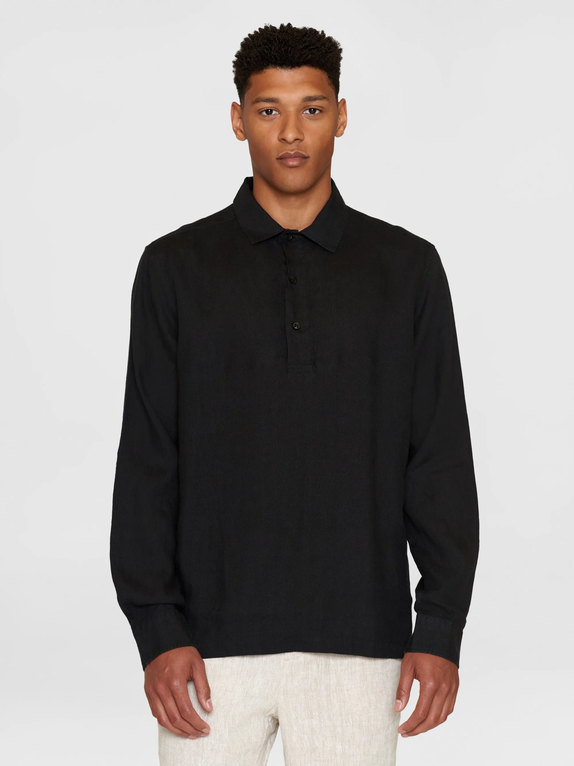 Loose linen polo shirt - GOTS/Vegan - Black Jet