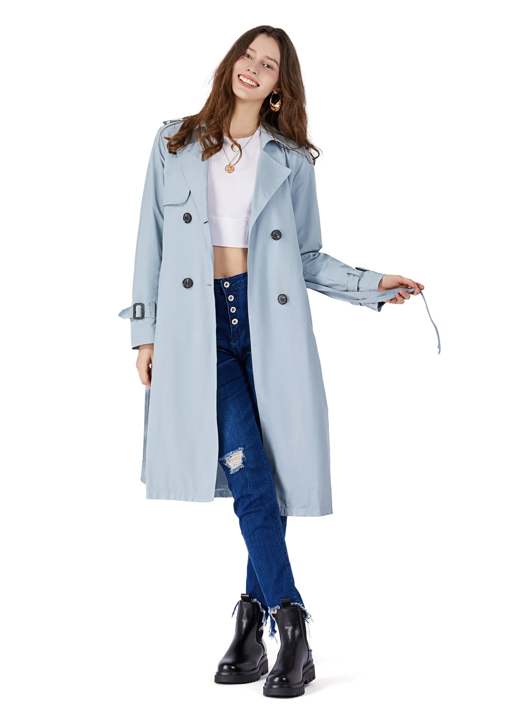 MECALA Women's Fall Long Trench Coat Double Breasted Windproof Overcoat