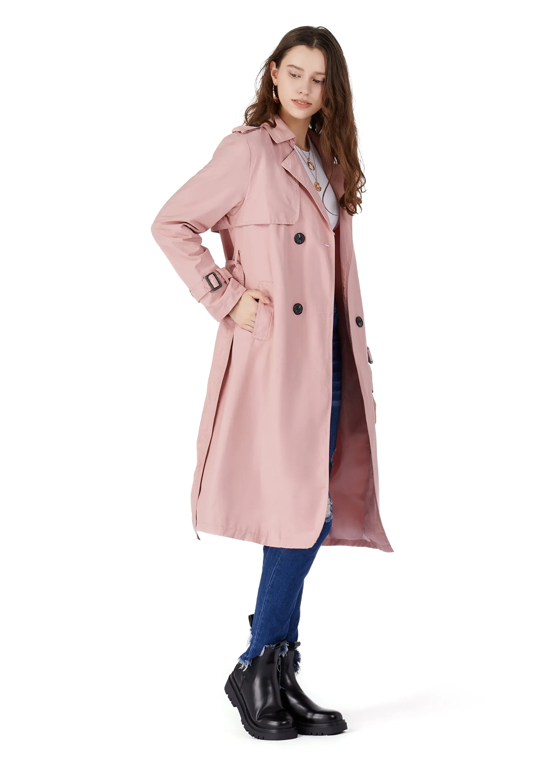 MECALA Women's Fall Long Trench Coat Double Breasted Windproof Overcoat