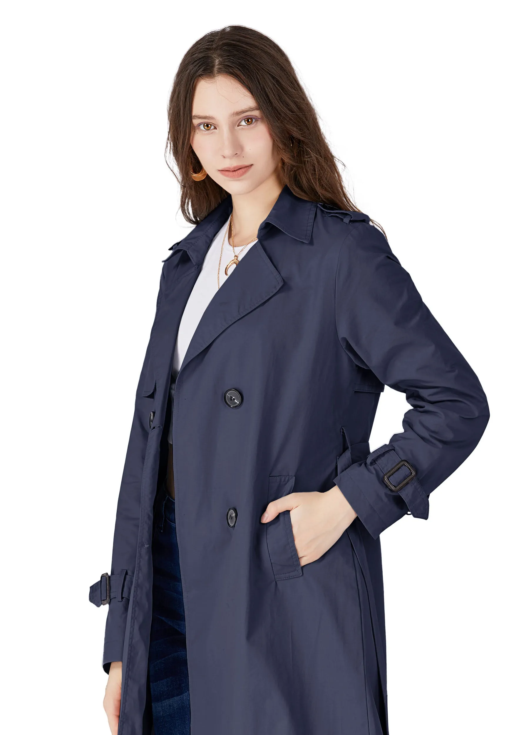 MECALA Women's Fall Long Trench Coat Double Breasted Windproof Overcoat