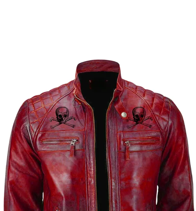 Men Red Devil Design Vintage Biker Motorcycle Distressed Leather Jacket