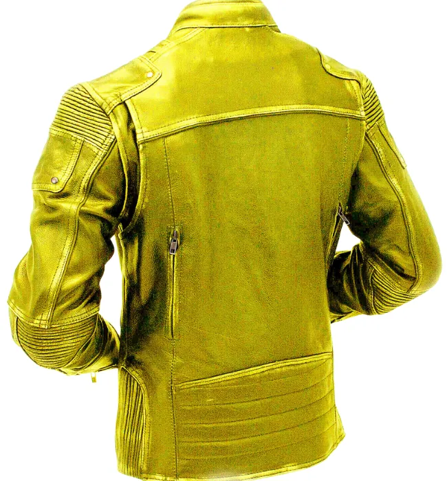 Men Yellow Vintage Motorcycle Cafe Racer Leather Jacket