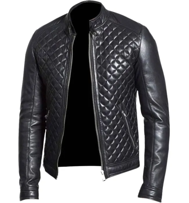 Men's Black Biker Cafe Racer Sheepskin Leather Jacket