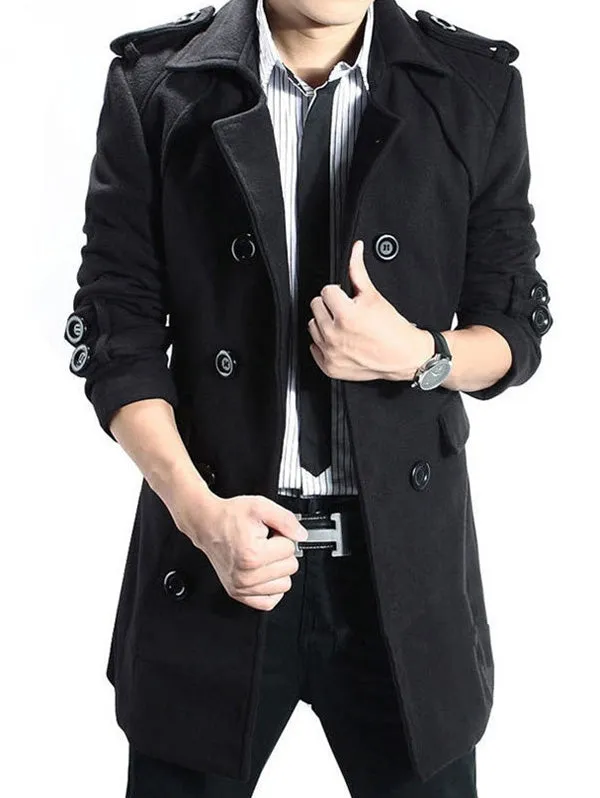 Men's Epaulet Double Breasted Woolen Blend Trench Coat