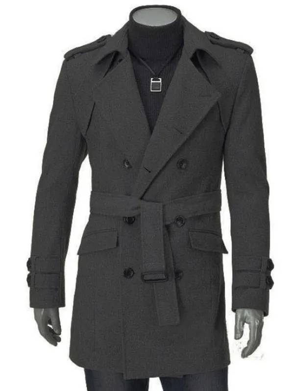 Men's Epaulet Double Breasted Woolen Blend Trench Coat