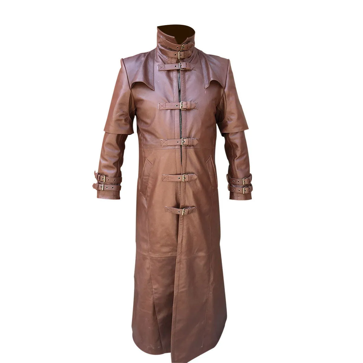 Mens Long Coat Brown Leather Goth Matrix Steampunk Gothic Van Helsing (T5-BRW)