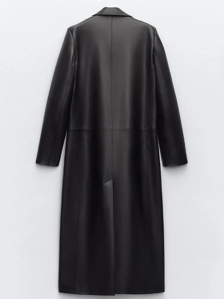 Pre Order:  Black Faux Leather Single-Breasted Turn-Down-Collar Trench Coat