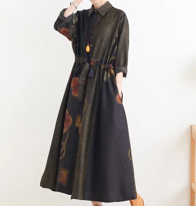 Print  Loose Fall Women Coat Long Sleeve Women Waist Trench Coat S90921