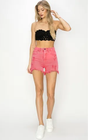 RISEN High Waist Frayed Hem Denim Shorts