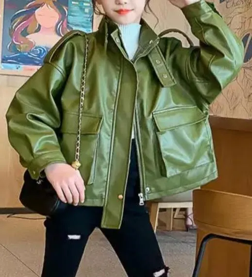 Selmak Army Green Girls Leather Jacket