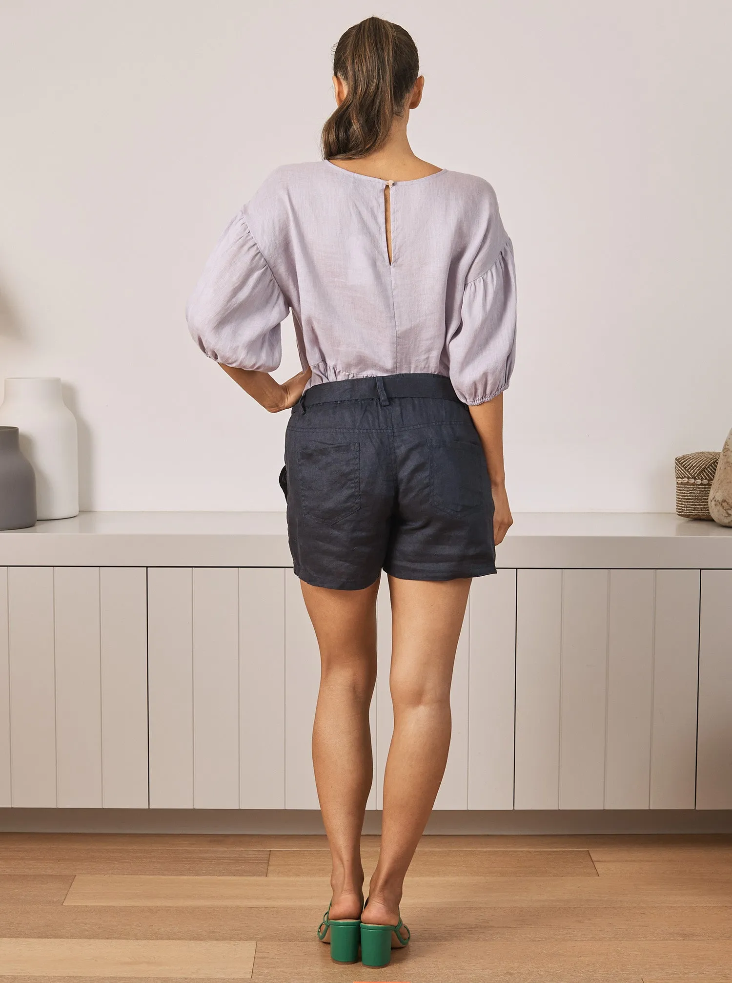 Summer Maternity Low Waist Linen Shorts in Navy