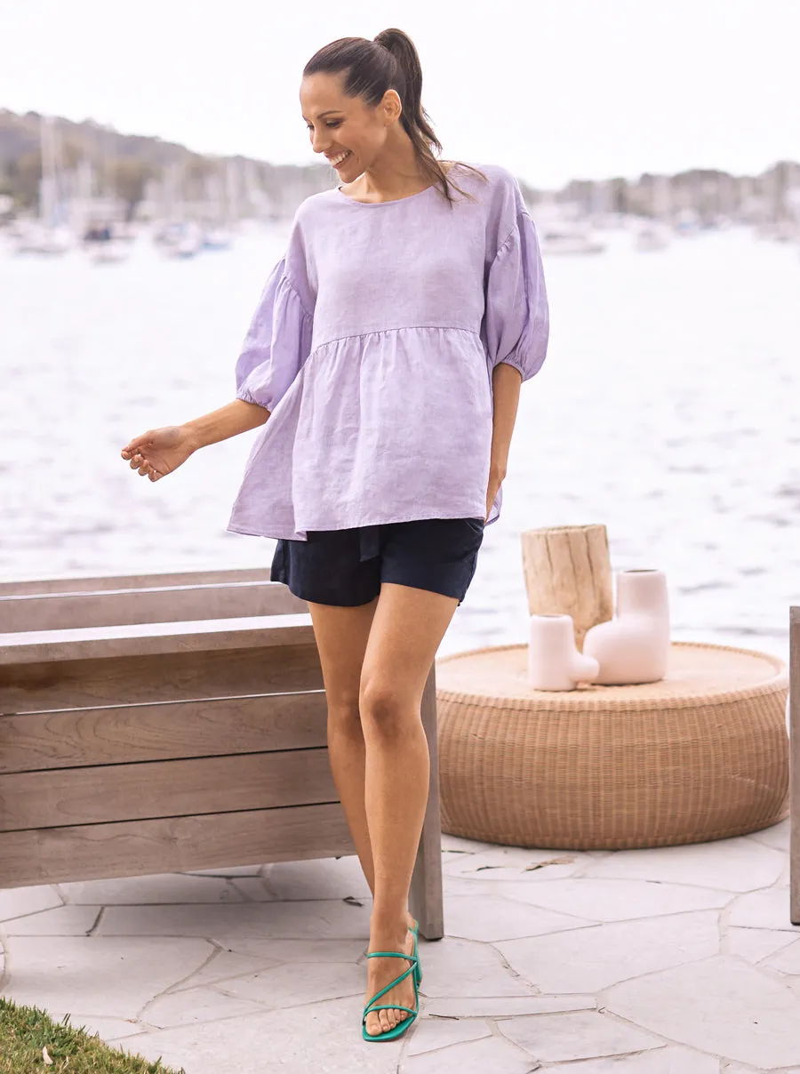 Summer Maternity Low Waist Linen Shorts in Navy