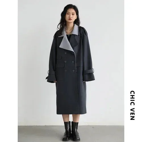 Trench Solid Loose Contrast Double Collar Double Breasted Long Women's Windbreaker Office Lady 2024 Stylish Coat