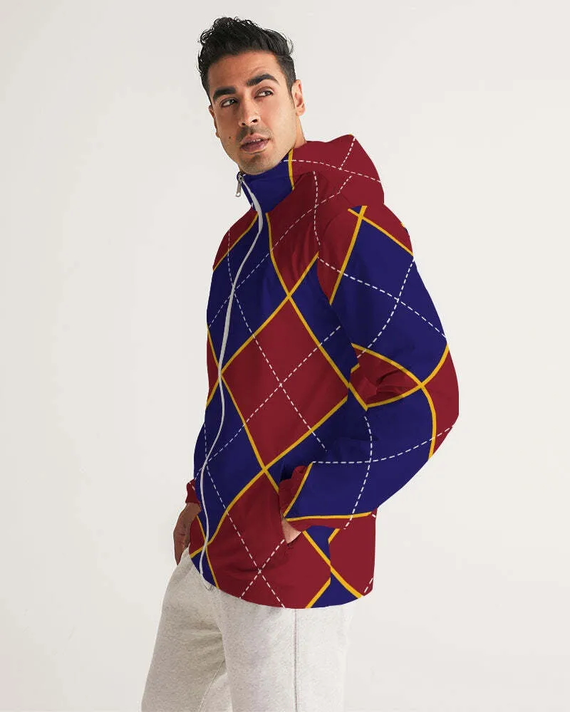 Uniquely You Mens Windbreaker Jacket - Hooded / Red and Blue Argyle - J1301M0