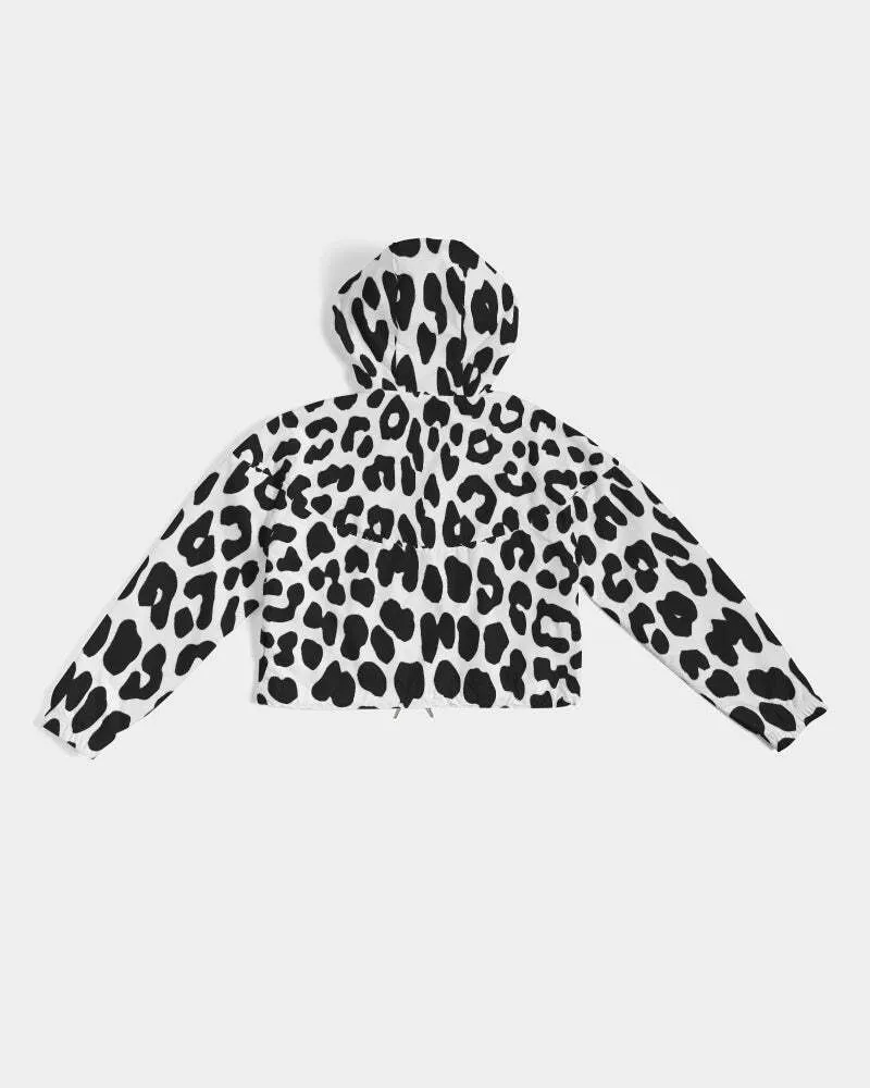 Uniquely You Women's Cropped Windbreaker Jacket - Black/White Leopard Print