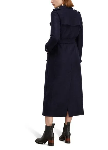 Womens Long Trench Coat Pressed Wool- Dark Navy