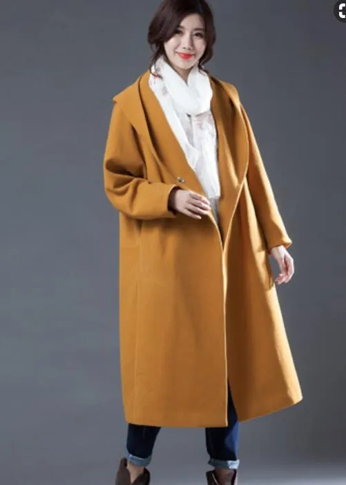 Yellow Women Double Breasted Coat Handmade Long loose Women Wool Coat Jacket