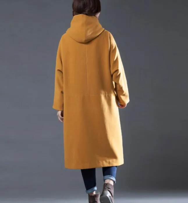 Yellow Women Double Breasted Coat Handmade Long loose Women Wool Coat Jacket