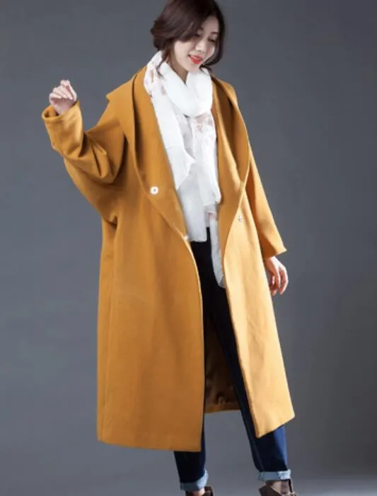 Yellow Women Double Breasted Coat Handmade Long loose Women Wool Coat Jacket